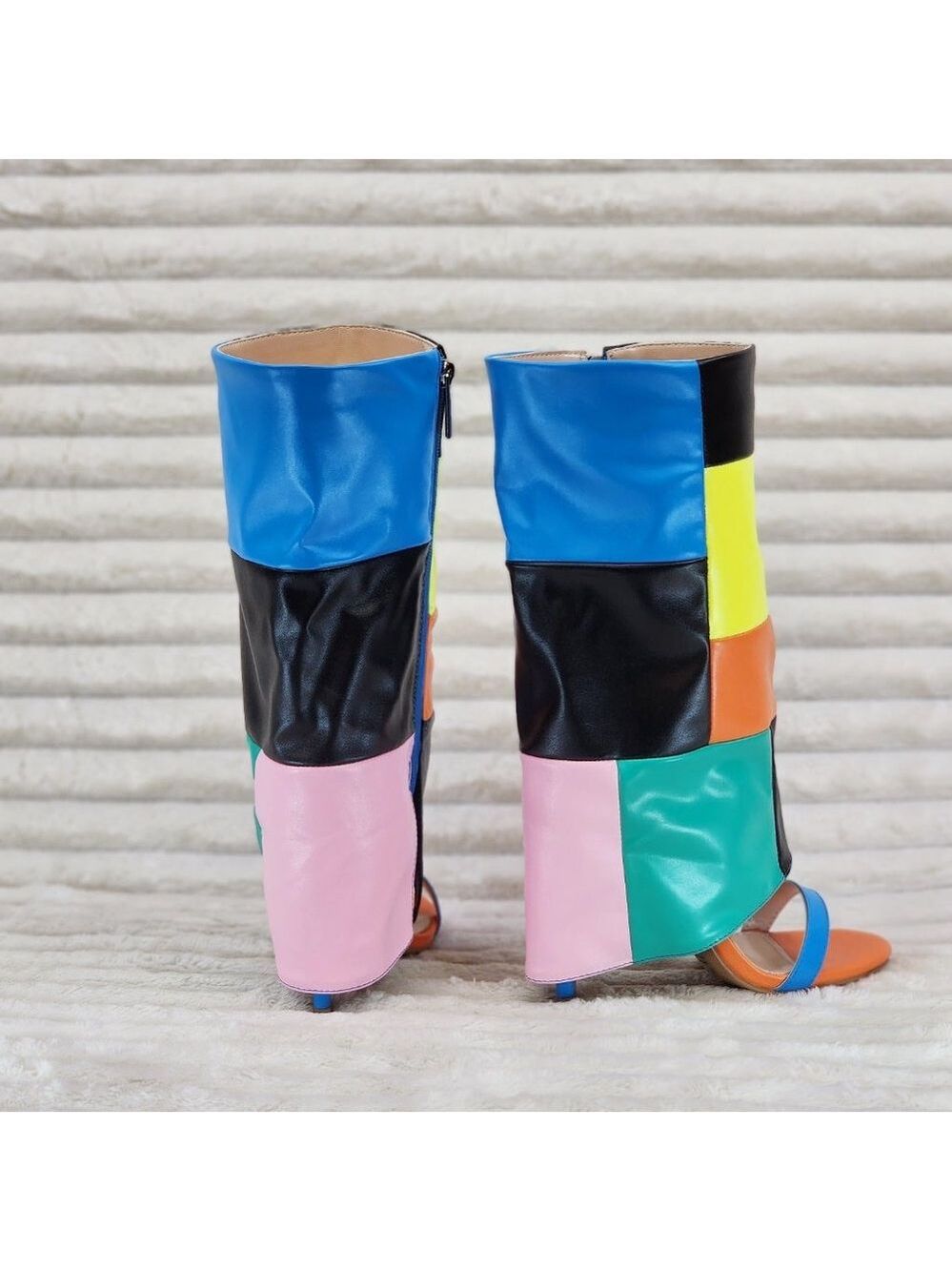 Paris Color Block Stiletto Fold Over Skirted Shootie Boot Sandals - Picture 8 of 15